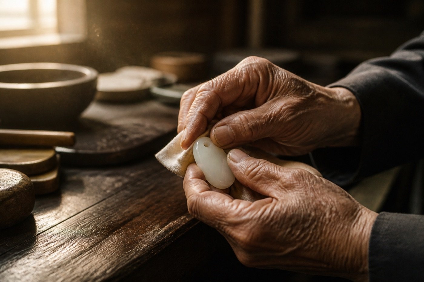 An artisan polishing a jade pendant