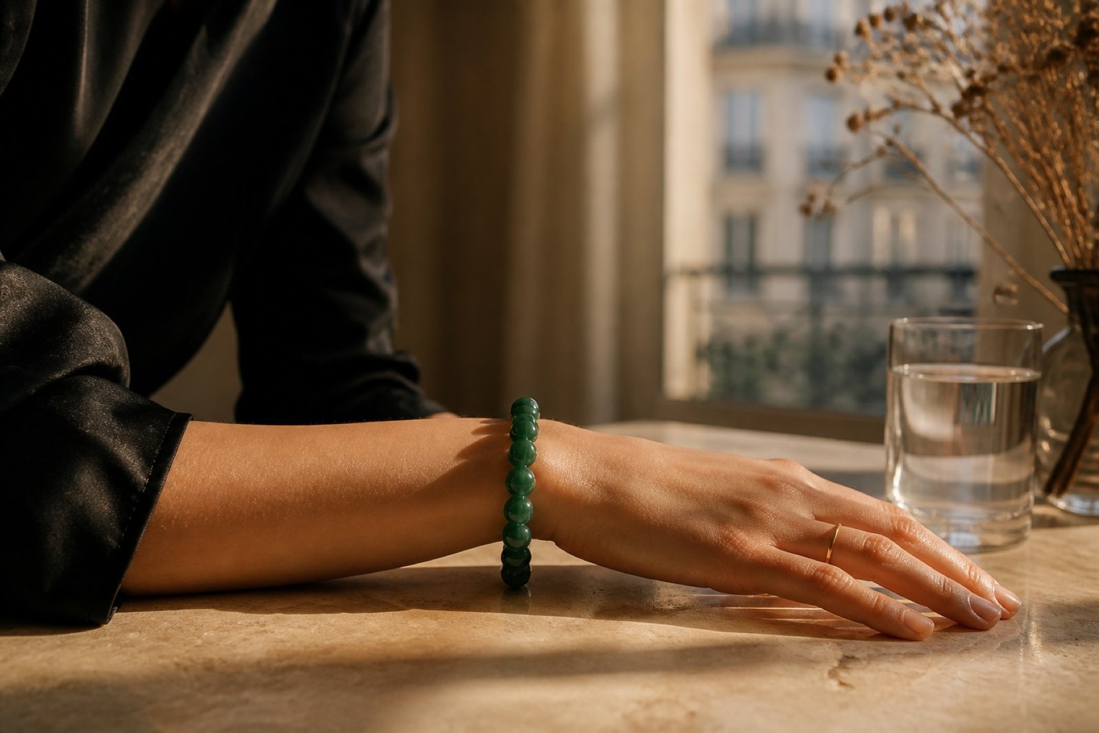 A jade bracelet resting on stone