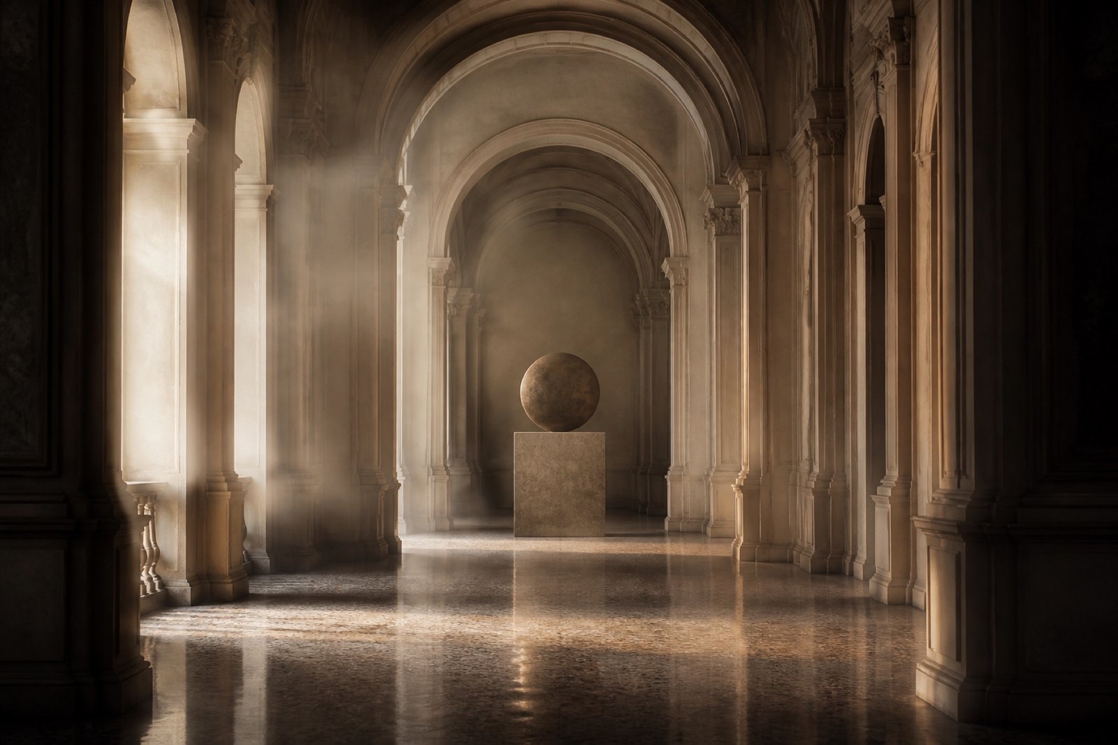 A villa corridor at dawn