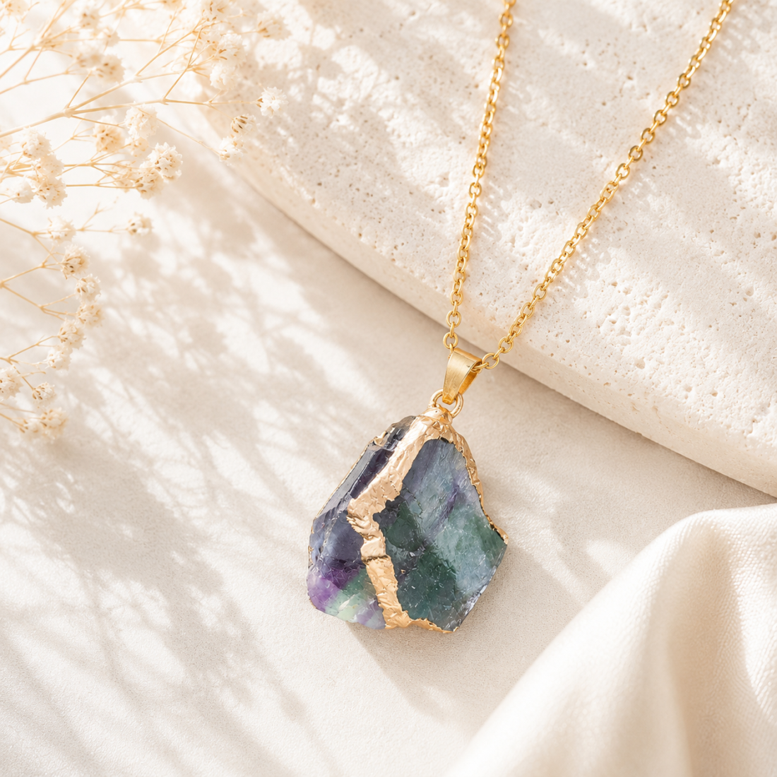 Natural Crystal Raw Stone Gold‑Trim Pendant — view 8 of 20