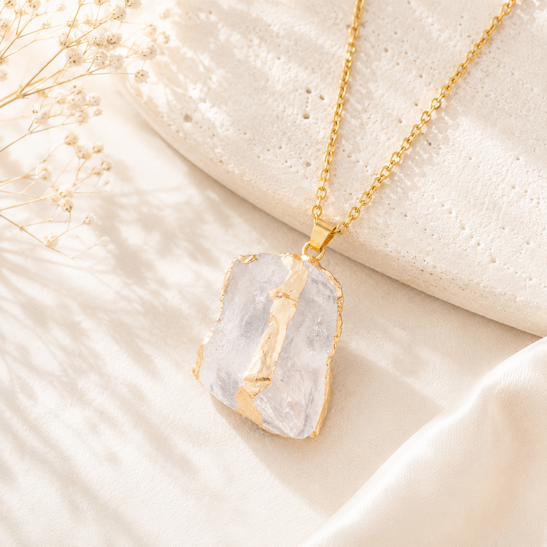 Natural Crystal Raw Stone Gold‑Trim Pendant — view 9 of 20